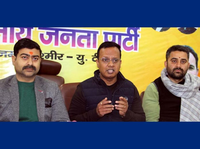 BJP spokesperson Dr Tahir Choudhary addressing a press conference in Jammu on Wednesday. -Excelsior/Rakesh