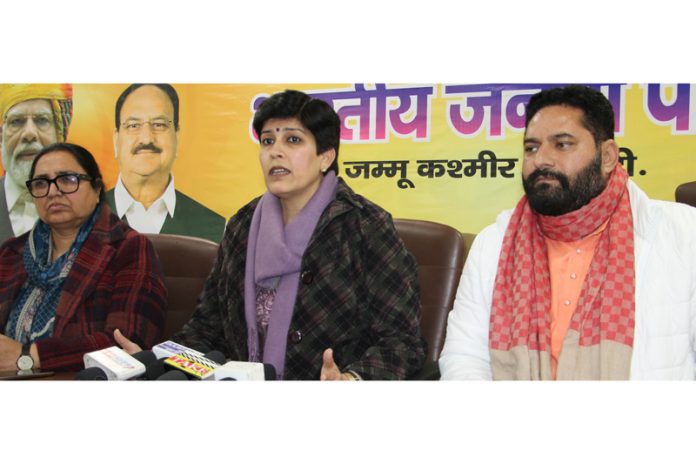 J&K BJP spokesperson Rajni Sethi addressing a press conference at party headquarters in Jammu. -Excelsior/Rakesh