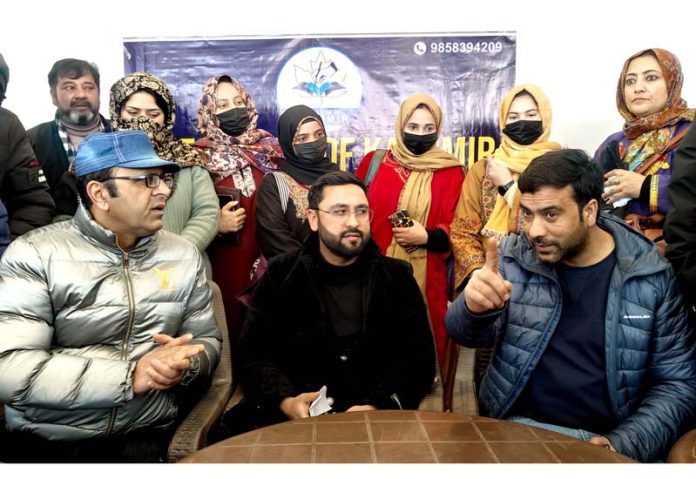 Members of JKECC during a press conference in Srinagar on Friday. -Excelsior/Shakeel