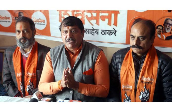 Shiv Sena leaders addressing a press conference at Jammu. -Excelsior/Rakesh
