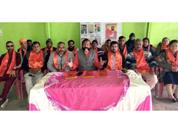 Rajesh Kesri addressing a party workers meeting in Arnia at Jammu on Sunday.