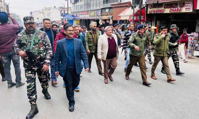 Transport Commissioner Vishesh Paul Mahajan along with SSP NH Rohit Basotra and SSP Reasi Paramveer Singh during a rally in Katra town.