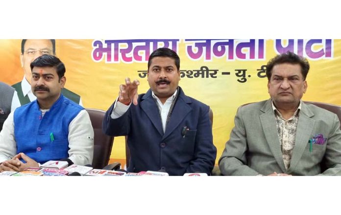 Gaurav Gupta addressing press conference at BJP headquarters in Jammu on Friday. -Excelsior/Rakesh Gaurav Gupta addressing press conference at BJP headquarters in Jammu on Friday. -Excelsior/Rakesh