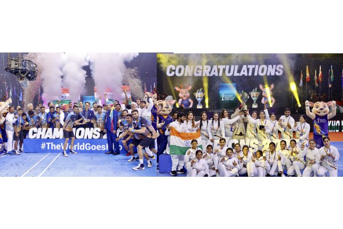 Indian Men’s and Women’s Kho-Kho teams posing for group photograph after winning Kho-Kho World Cup titles.