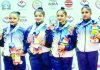 J&K Rhythmic Gymnastics team posing with their silver medals at the 38th National Games in Dehradun.