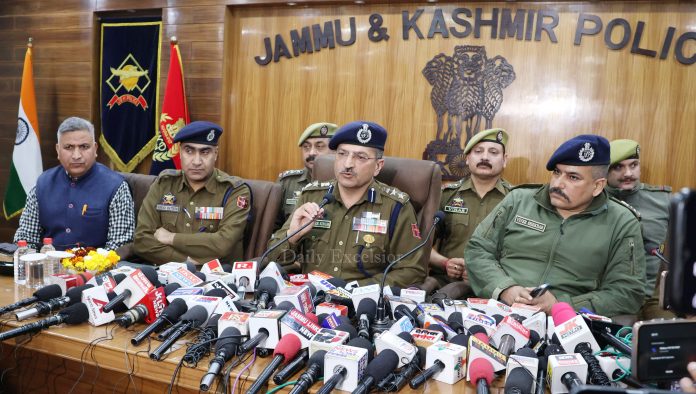 Senior Superintendent of Police, Jammu, Joginder Singh flanked by senior officers addressing a press conference on cracking the Jammu shoot-out case in Jammu on Wednesday.