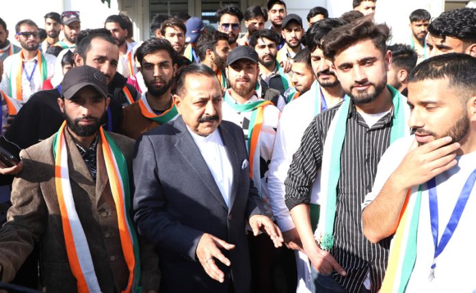 Union Minister Dr. Jitendra Singh interacting with J&K youth, currently on a visit to the national capital, on Wednesday.