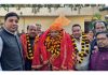 Sat Sharma being accorded rousing reception on his visit to Katra on Monday.