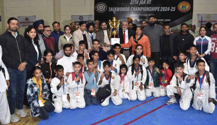 Players with dignitaries during closing ceremony of the 27th J&K UT Taekwondo Championships in Jammu. Players with dignitaries during closing ceremony of the 27th J&K UT Taekwondo Championships in Jammu.