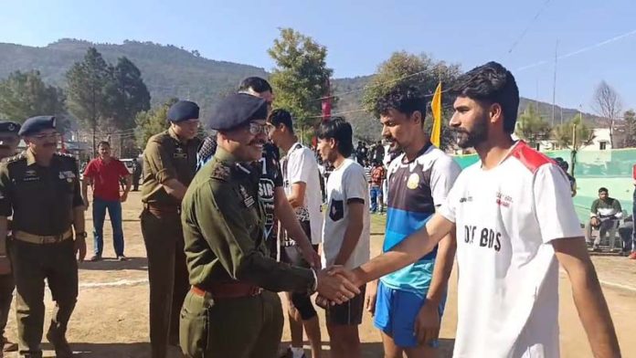 DIG Tejinder Singh interacting with players during Volleyball tournament at Rajouri.