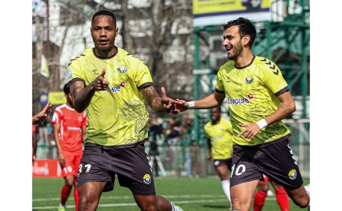 RKFC players celebrating after scoring a goal in I-League match at TRC Ground, Srinagar.