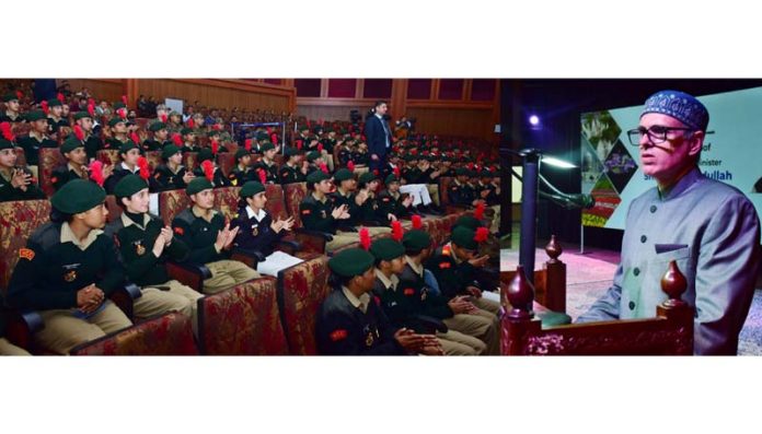 CM Omar Abdullah addressing NCC Cadets at a function in Jammu on Monday.