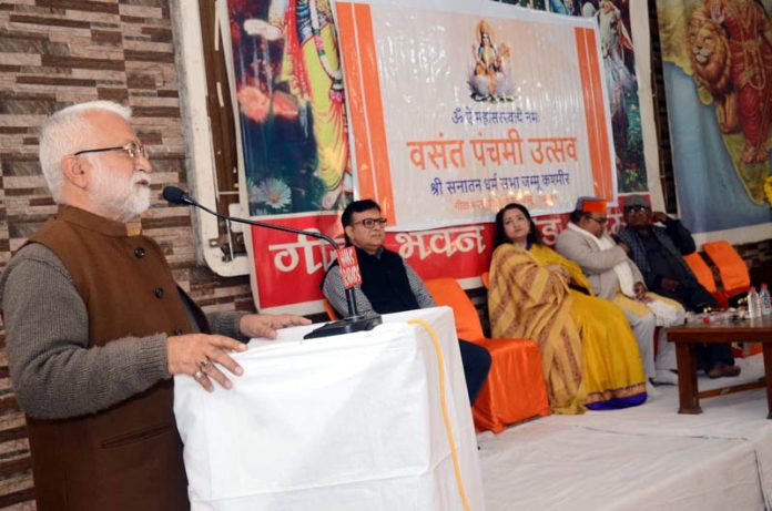 Parshottam Dadhichi addressing at Vasant Panchami Mahotsav by Sanatan Dharam Sabha on Sunday.