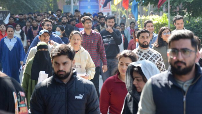 Candidates coming out of an exam centre in Jammu on Sunday. -Excelsior/Rakesh