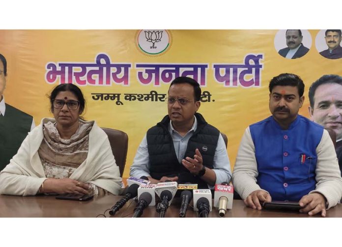 J&K BJP spokesperson, Dr Tahir Choudhary addressing media persons at party headquarters, Trikuta Nagar, Jammu.