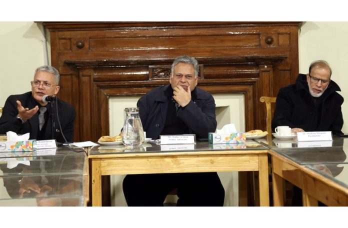 A speaker addressing during an interaction programme organised by Amar Singh Club in Srinagar on Monday.