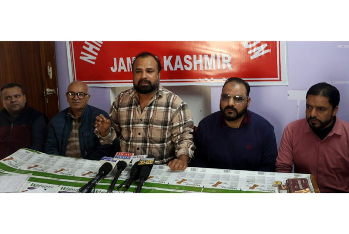 Representatives of NHM employees during a press conference at Jammu on Monday. -Excelsior/Rakesh