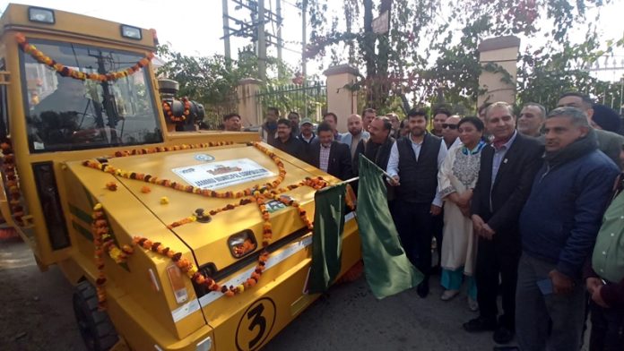 MLA Vikram Randhawa and Commissioner, JMC Dr Devansh Yadav launching road sweeping machines in Jammu on Wednesday.