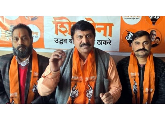 Shiv Sena leader, Manish Sahni addressing press conference at Jammu on Wednesday.
