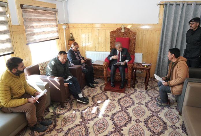 Caption: Tsewang Ishey, President of Nambardar Association during his meeting with LG B D Mishra in Ladakh on Friday.