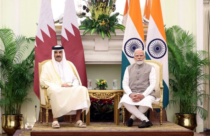 Prime Minister Narendra Modi and the Amir of the State of Qatar, Sheikh Tamim Bin Hamad Al Thani witnessing the exchange of MoUs between India and Qatar at Hyderabad House, in New Delhi on Tuesday. (UNI ) Prime Minister Narendra Modi and the Amir of the State of Qatar, Sheikh Tamim Bin Hamad Al Thani witnessing the exchange of MoUs between India and Qatar at Hyderabad House, in New Delhi on Tuesday. (UNI )