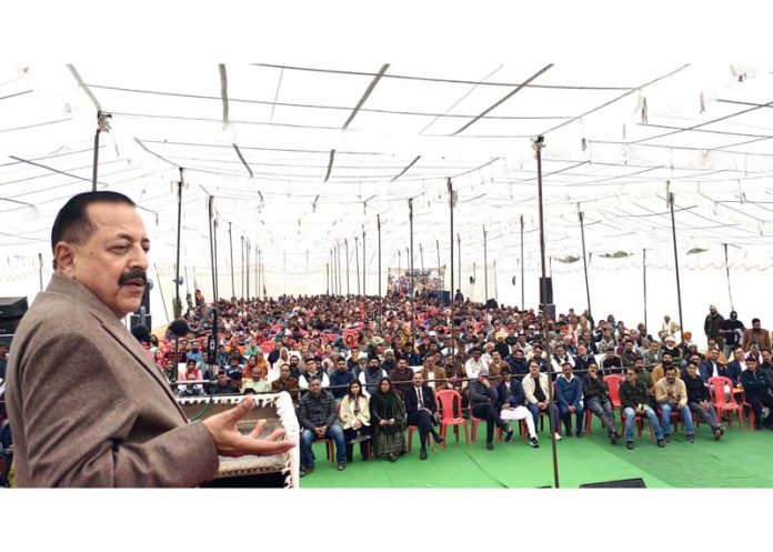 Union Minister Dr Jitendra Singh addressing public rally after inaugurating multiple water supply schemes at Jasrota on Saturday.