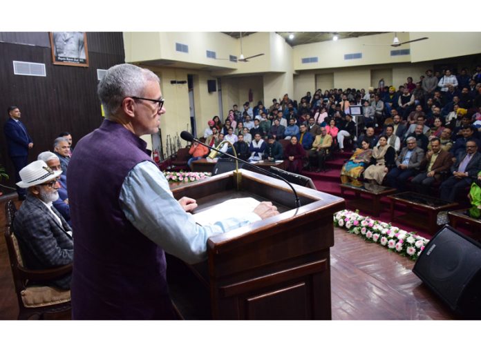 CM Omar Abdullah addressing a function at Jammu University on Thursday.