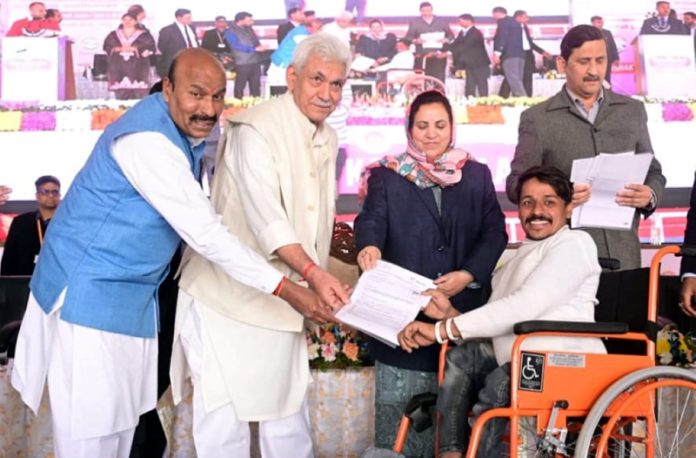 Union Minister Dr Virendra Kumar and LG Manoj Sinha at a function in Jammu on Friday. Union Minister Dr Virendra Kumar and LG Manoj Sinha at a function in Jammu on Friday.