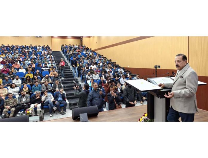 Union Minister Dr Jitendra Singh addressing gathering at IIT Jammu on Monday.