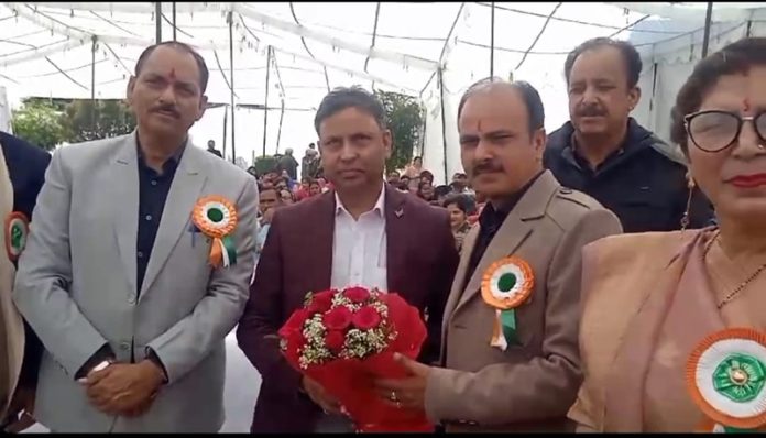 Dignitaries being presented with bouquets by the school management during 2nd Annual Day celebration at Kathua.