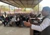 BJP leader RS Pathania addressing a gathering of people in Udhampur East constituency.
