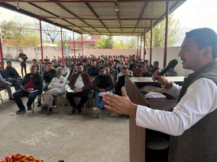 BJP leader RS Pathania addressing a gathering of people in Udhampur East constituency.