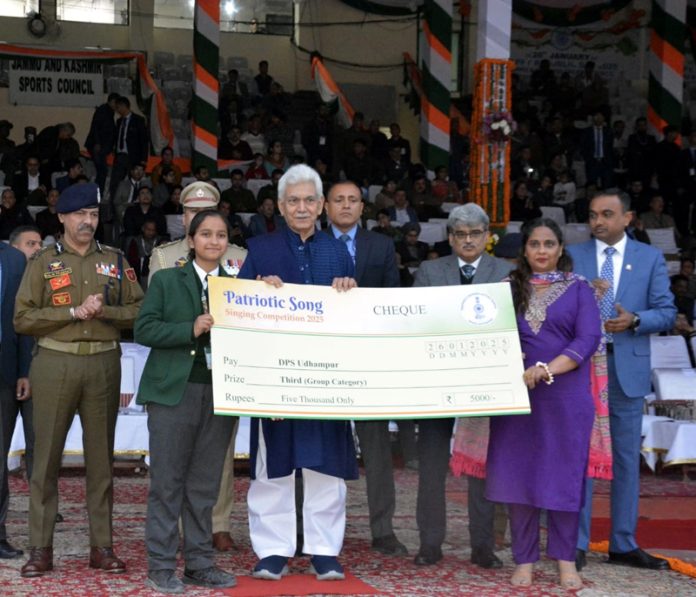 DPS Udhampur students received 3rd prize in the Patriotic Song Singing Competition from Lieutenant Governor of J&K, Manoj Sinha, during the Beating Retreat ceremony at MA Stadium, Jammu. The talented team, trained by music teachers Romesh and Rasham Bahadur, showcased their exceptional singing abilities and love for the nation, leaving a lasting impression. The school community celebrates this achievement, reflecting the spirit of patriotism and dedication to excellence.