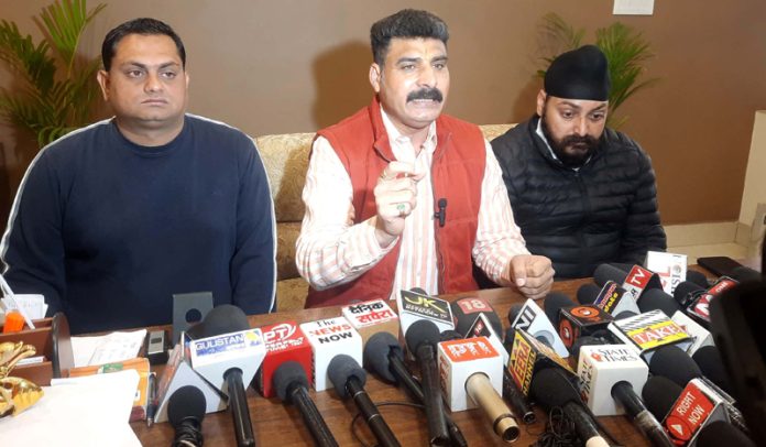 Pawan Khajuria addressing a press conference at Udhampur on Wednesday. Pawan Khajuria addressing a press conference at Udhampur on Wednesday.