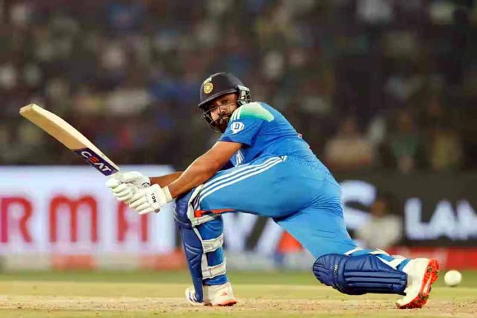 Rohit Sharma showcasing his class with a powerful shot in his brilliant 116-run knock against England in the 2nd ODI at Cuttack.