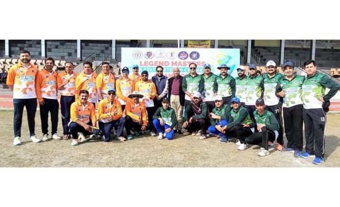 Teams posing for a group photo before the match at Legend Masters 2.0 T20 Championship at Jammu. Teams posing for a group photo before the match at Legend Masters 2.0 T20 Championship at Jammu.