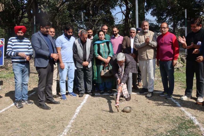 Prof. Umesh Rai laying foundation for High Mast HID Lights at Jammu University Cricket Stadium.
