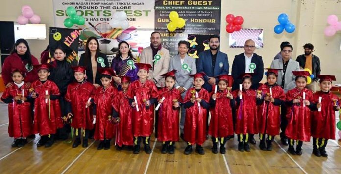 Students of Little Millennium Schools and others during a function in Jammu on Saturday.