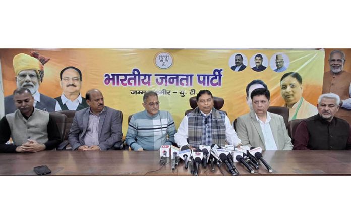 J&K BJP president Sat Sharma alongside senior party leaders addressing a press conference in Jammu. J&K BJP president Sat Sharma alongside senior party leaders addressing a press conference in Jammu.