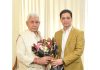 MLA Shakti Raj Parihar presenting bouquet to LG Manoj Sinha on Friday.