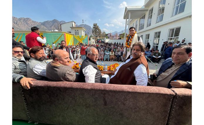 Senior Cong leader T H Karra along with Raman Bhalla and others during rally at Reasi on Friday. -Excelsior/Ramesh Mengi