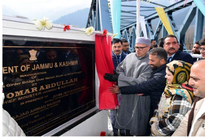 CM Omar Abdullah inaugurating Akhal Bridge at Kangan on Saturday.