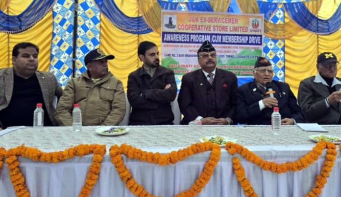 JAK Ex-Servicemen Cooperative Store Ltd Chairman, Maj. Gen. Goverdhan Singh Jamwal along with others during a function on Wednesday.