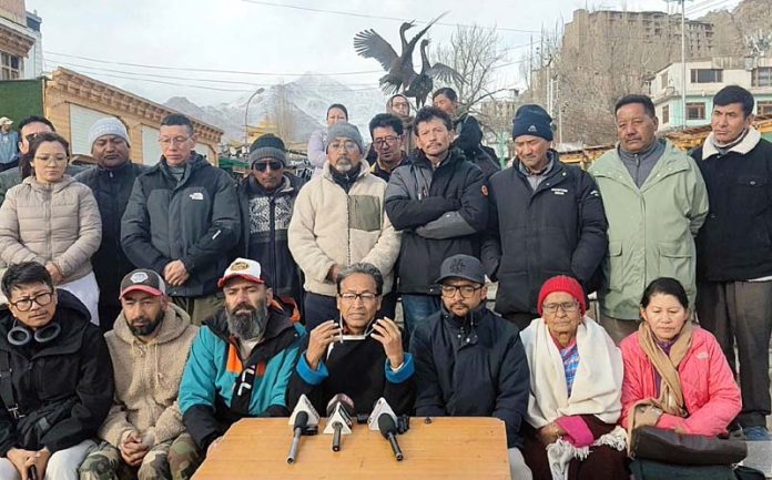 Climate activist Sonam Wangchuk and LAB supporters during a press conference at Leh.