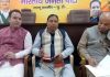 Sunil Sharma, Sat Sharma and Ashok Koul taking meeting of BJP MLAs at the party headquarters in Jammu on Thursday.