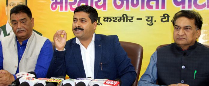 Gaurav Gupta addressing media persons at BJP headquarters in Jammu on Saturday. -Excelsior/Rakesh