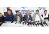 JKPCC president Tariq Hameed Karra, flanked by others addressing press conference in Jammu on Wednesday. —Excelsior/Rakesh