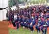 Vice President Jagdeep Dhankhar pose for a photograph with the recipients of degrees at the 10th convocation ceremony of Shri Mata Vaishno Devi University in Katra on Saturday. (UNI)