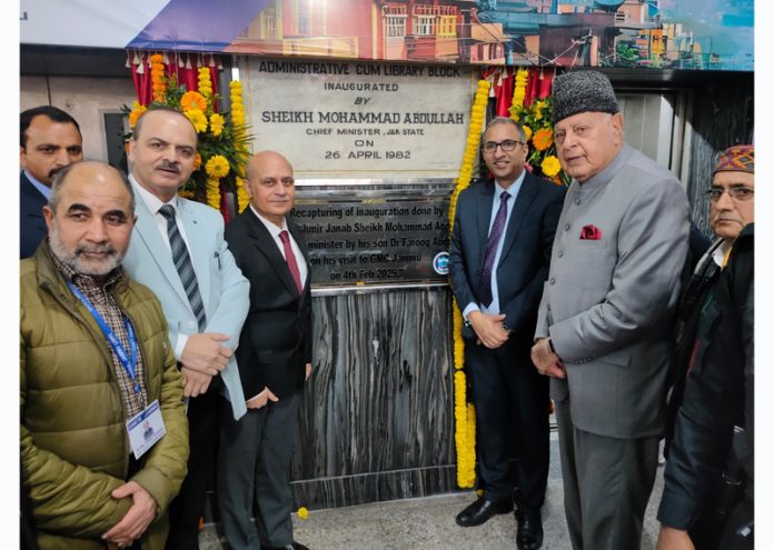 Dr Farooq Abdullah along with Principal GMC Jammu and other dignitaries during a function in college premises.