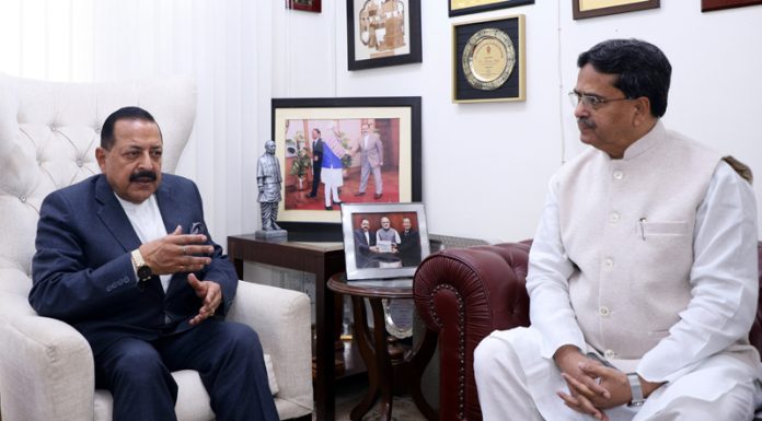 Chief Minister of Tripura, Dr Manik Saha calling on Union Minister Dr Jitendra Singh at New Delhi on Sunday.